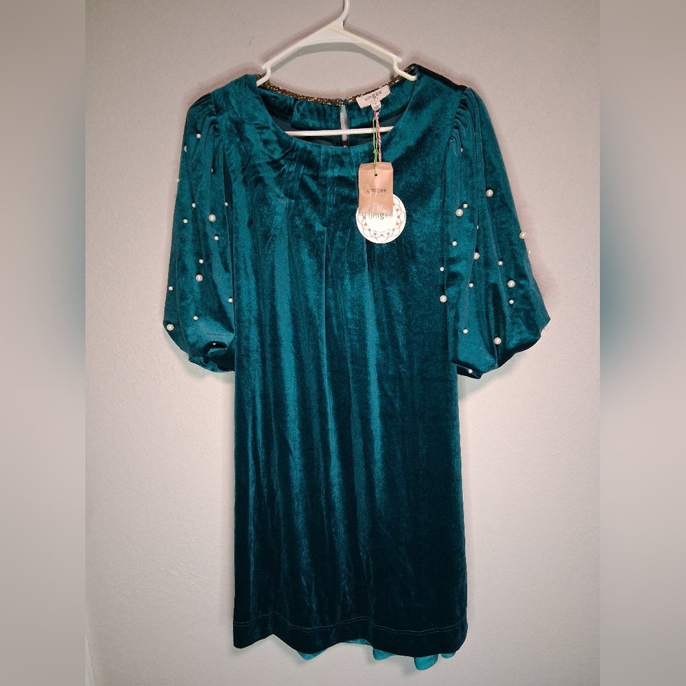 Umgee Teal Velvet Dress NWT Small Balloon Sleeve Pearl Embellished Wrap Tie Boho